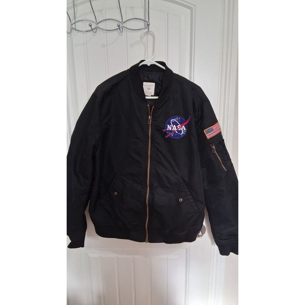 H&M L.O.G.G. NASA Bomber Jacket Men’s Large Black MA-1 American Flag Patch